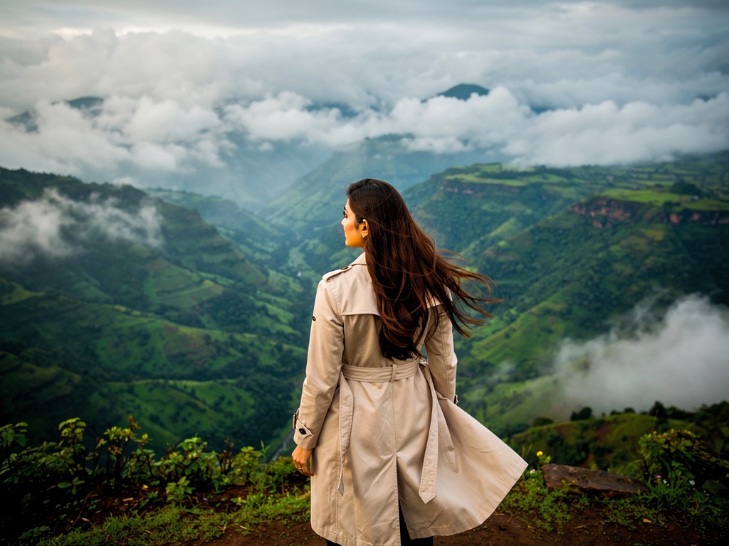 A viewpoint over layered green hills and drifting monsoon clouds near Lonavla