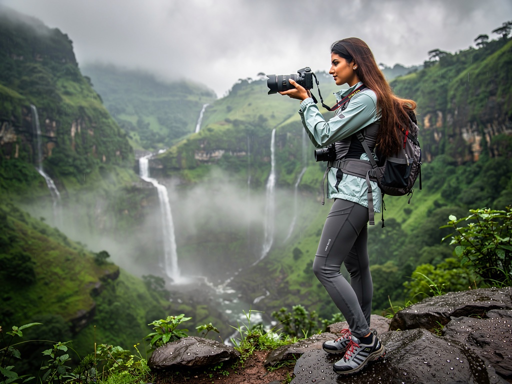 A photographer capturing a misty waterfall valley near Lonavla