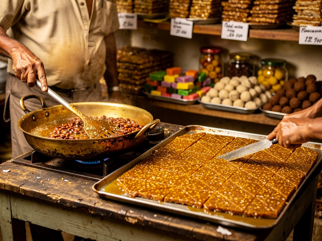An artisan making peanut chikki in a warm-lit shop in Lonavla