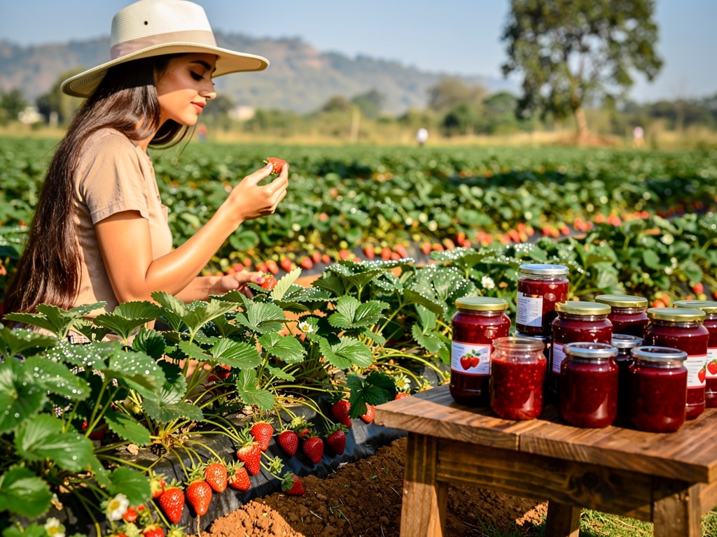 A strawberry garden at Mapro Farm near Lonavla with jars of jam