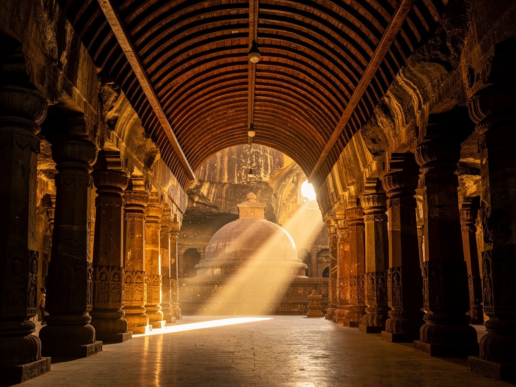 The carved stone pillars and stupa inside the Karla Caves chaitya hall near Lonavla