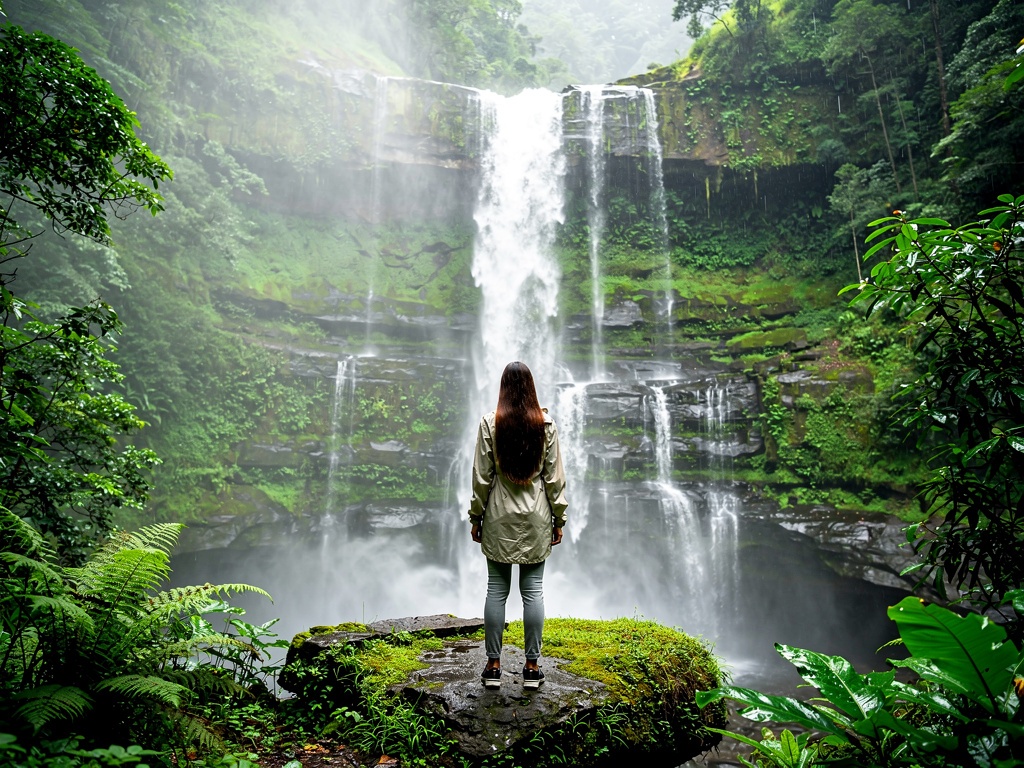 A monsoon waterfall in the Western Ghats near Lonavla with lush green rocks and mist