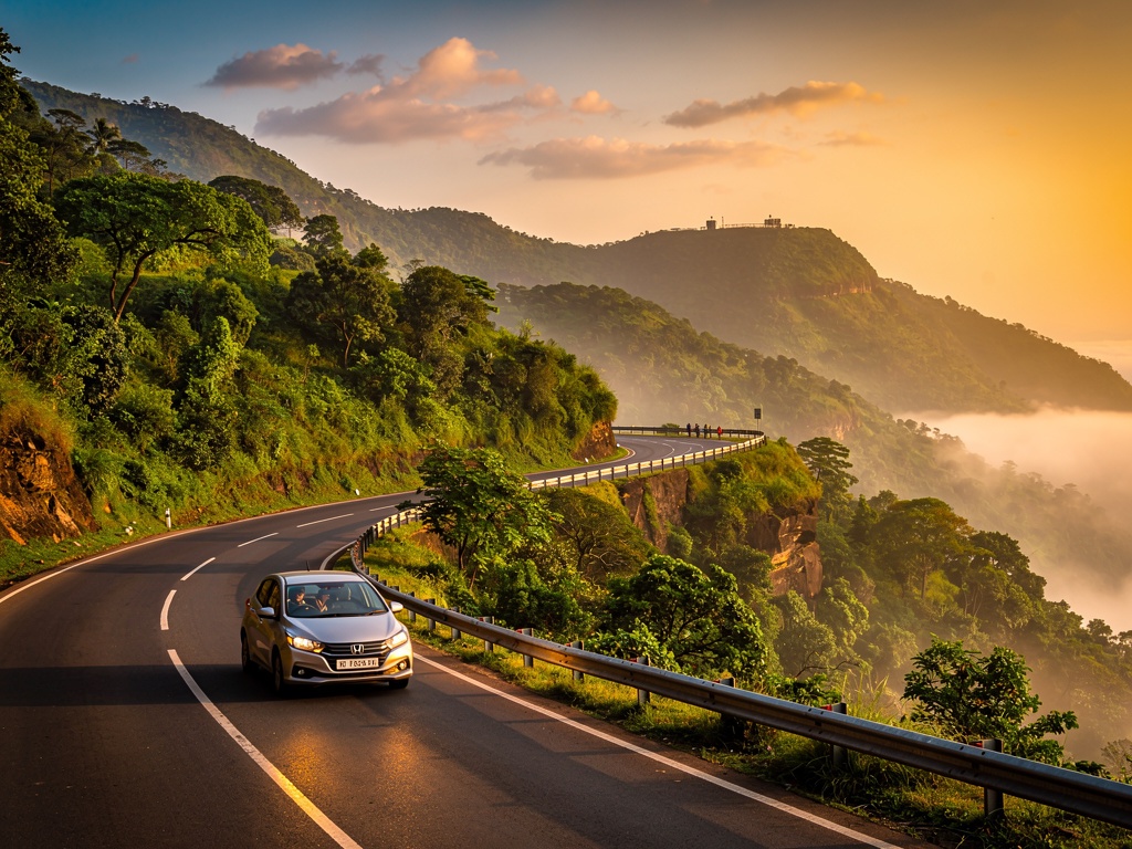 A scenic drive on a winding mountain road near Khandala at golden hour