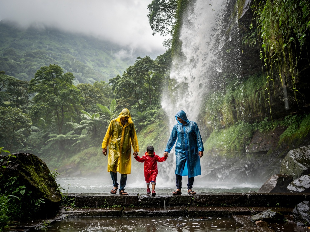 A family walking on wet stone steps beside a monsoon waterfall near Lonavla