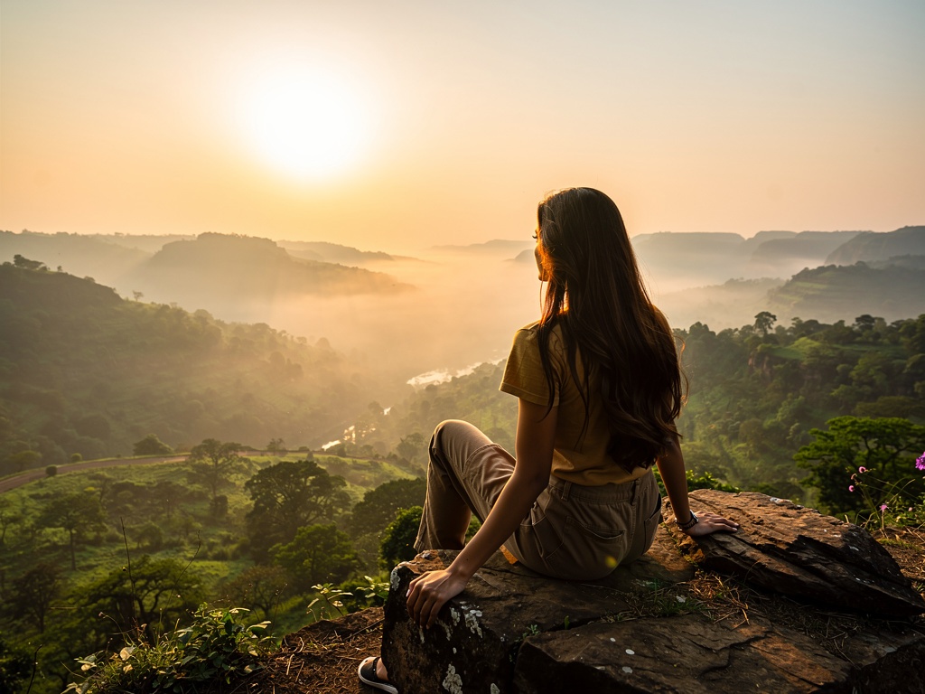 Sunrise over misty green valleys at a Lonavla viewpoint
