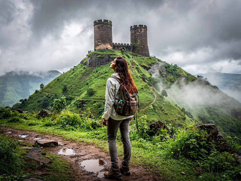 The twin towers of Rajmachi Fort on a green hilltop near Lonavla