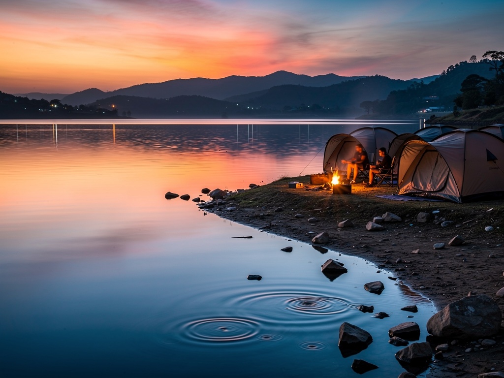 Pawna Lake at dusk with a campsite on the shore near Lonavla