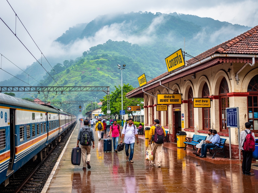 A train at Lonavla railway station with green hills behind