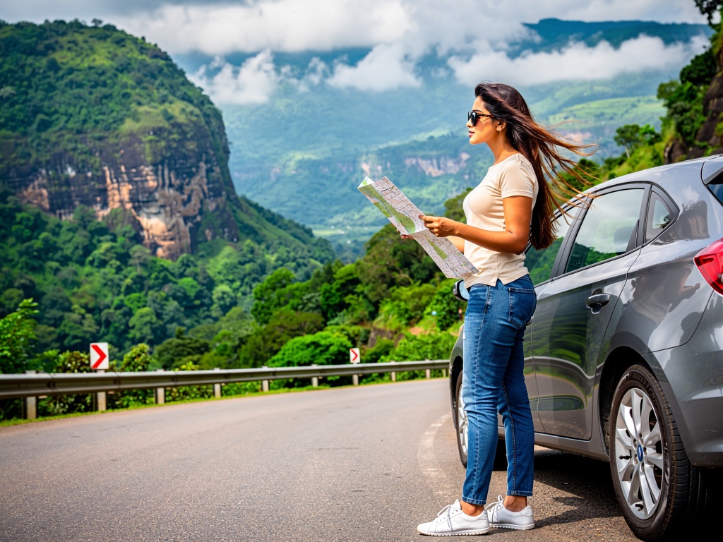 A traveller beside a car on a scenic mountain road near Lonavla