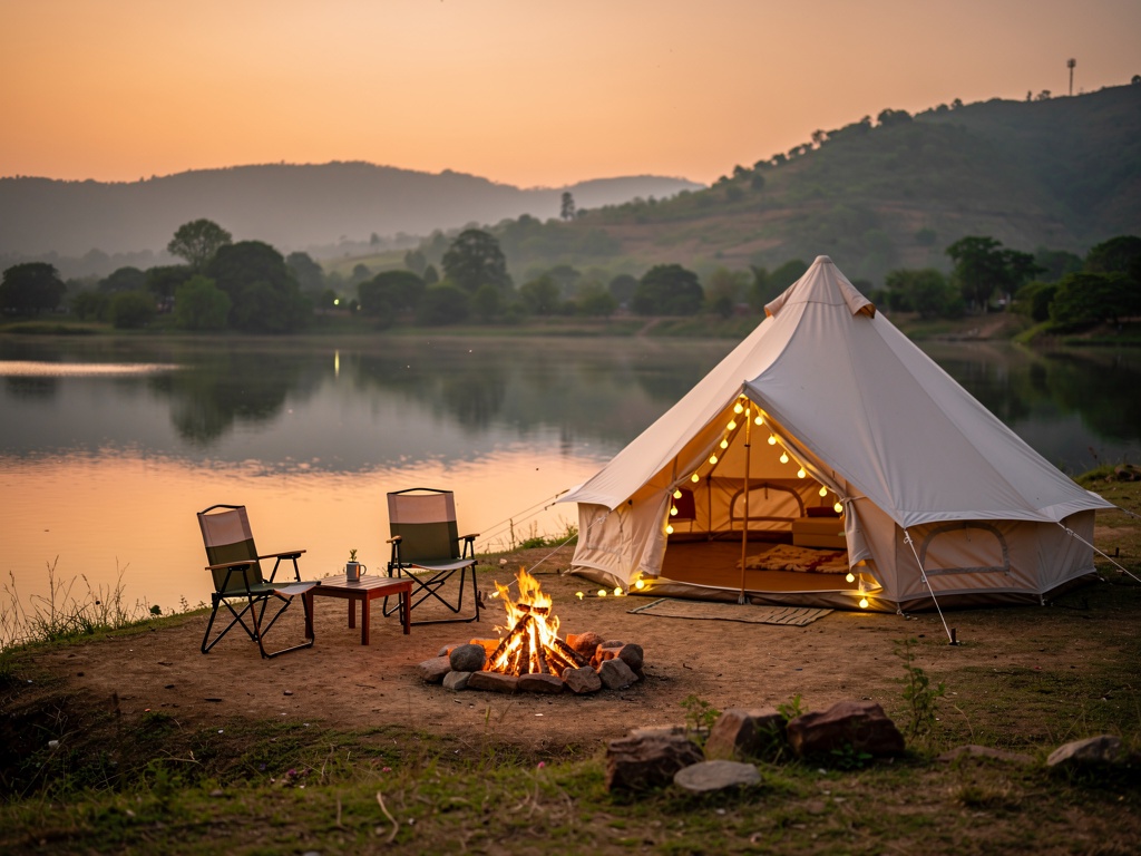 A glamping tent with string lights by Pawna Lake at sunset
