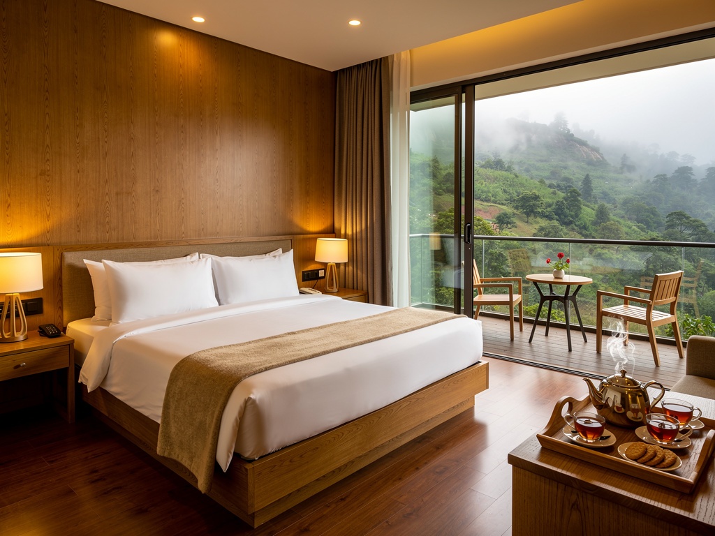 A cosy boutique resort room overlooking misty green hills near Lonavla