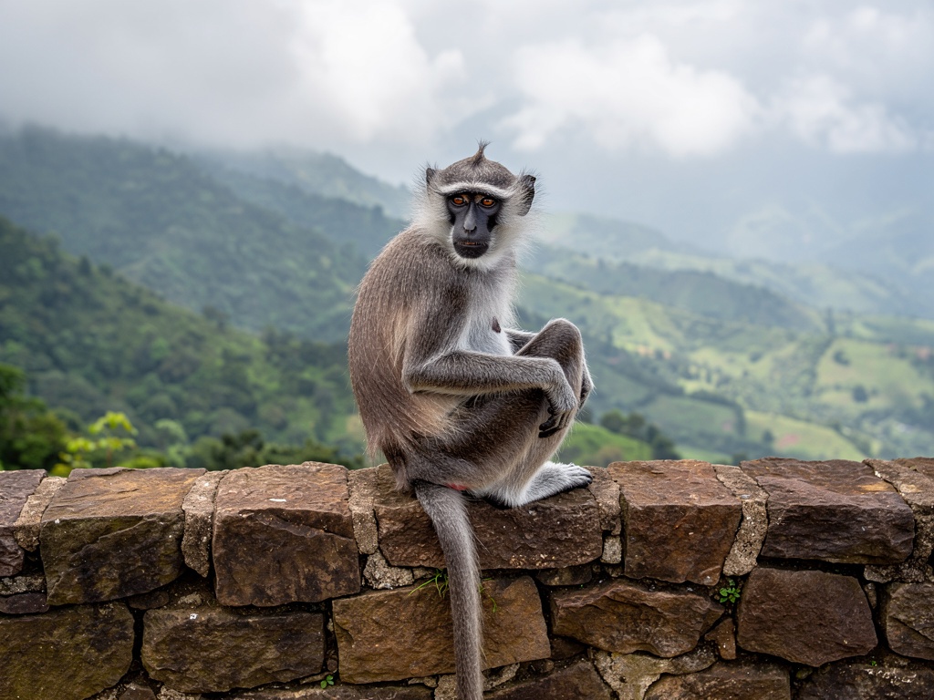 A langur monkey sitting on a stone wall at a viewpoint near Lonavla