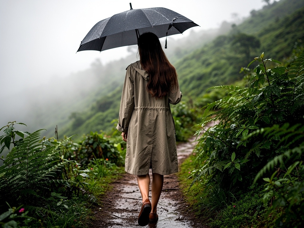 A traveller in a raincoat walking a misty trail in the Western Ghats near Lonavla