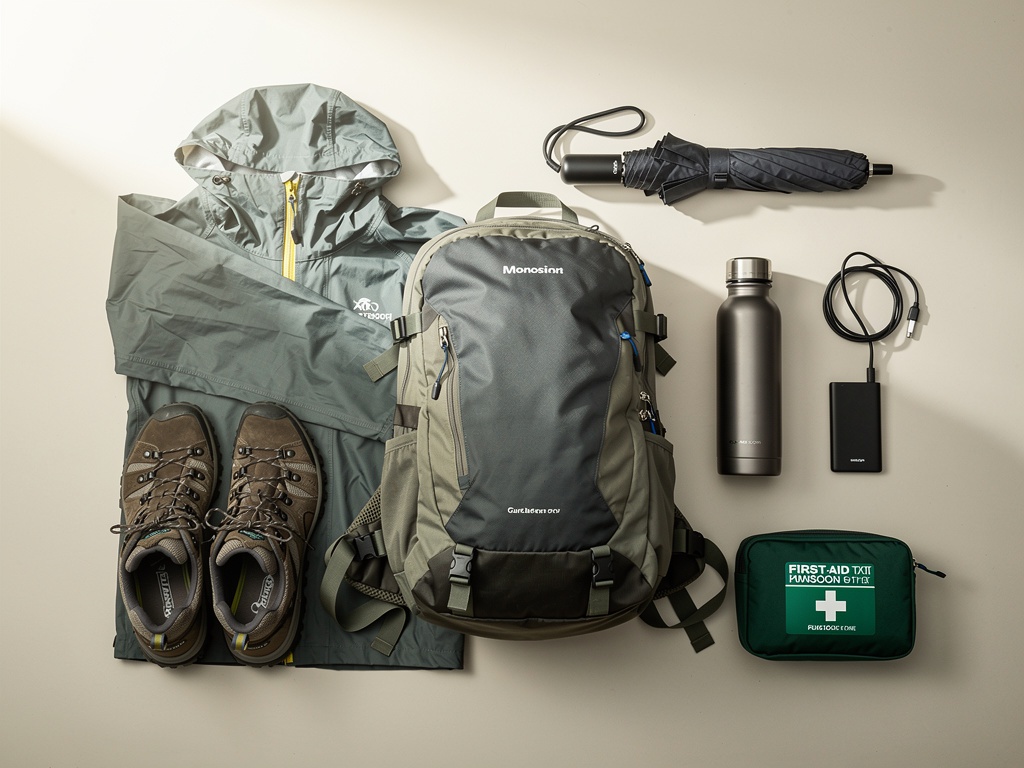 A traveler's monsoon packing flat lay with rain jacket, shoes, backpack and umbrella